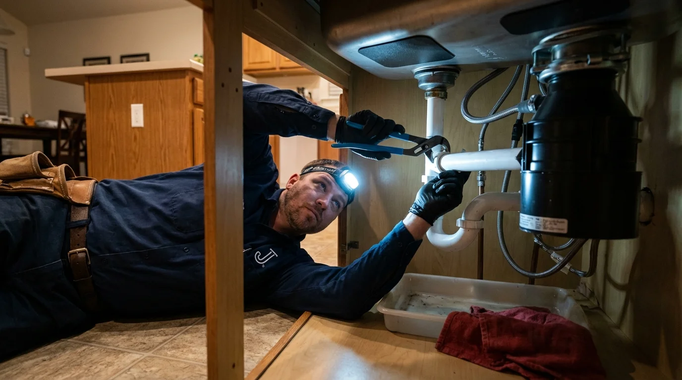 P-trap and supply line connections under a kitchen sink showing a common leak point in Blairsville, GA